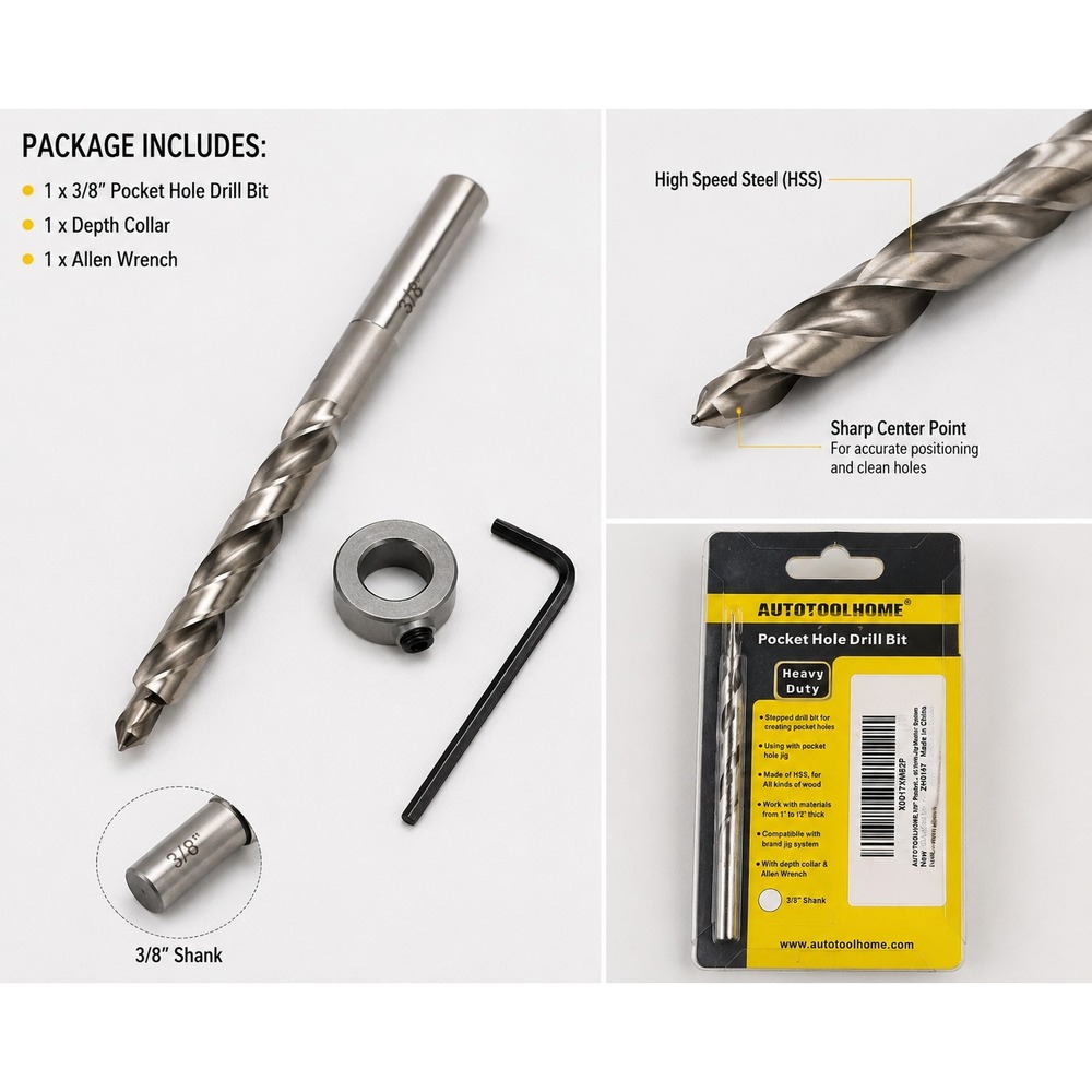 3/8" Pocket Hole Drill Bit Set with Depth Stop‎ and Hex Shank